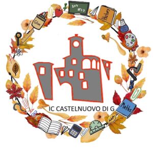 Logo rappresentante la rocca di Castelnuovo circondata da una corona di foglie e strumenti da utilizzare per la scuola